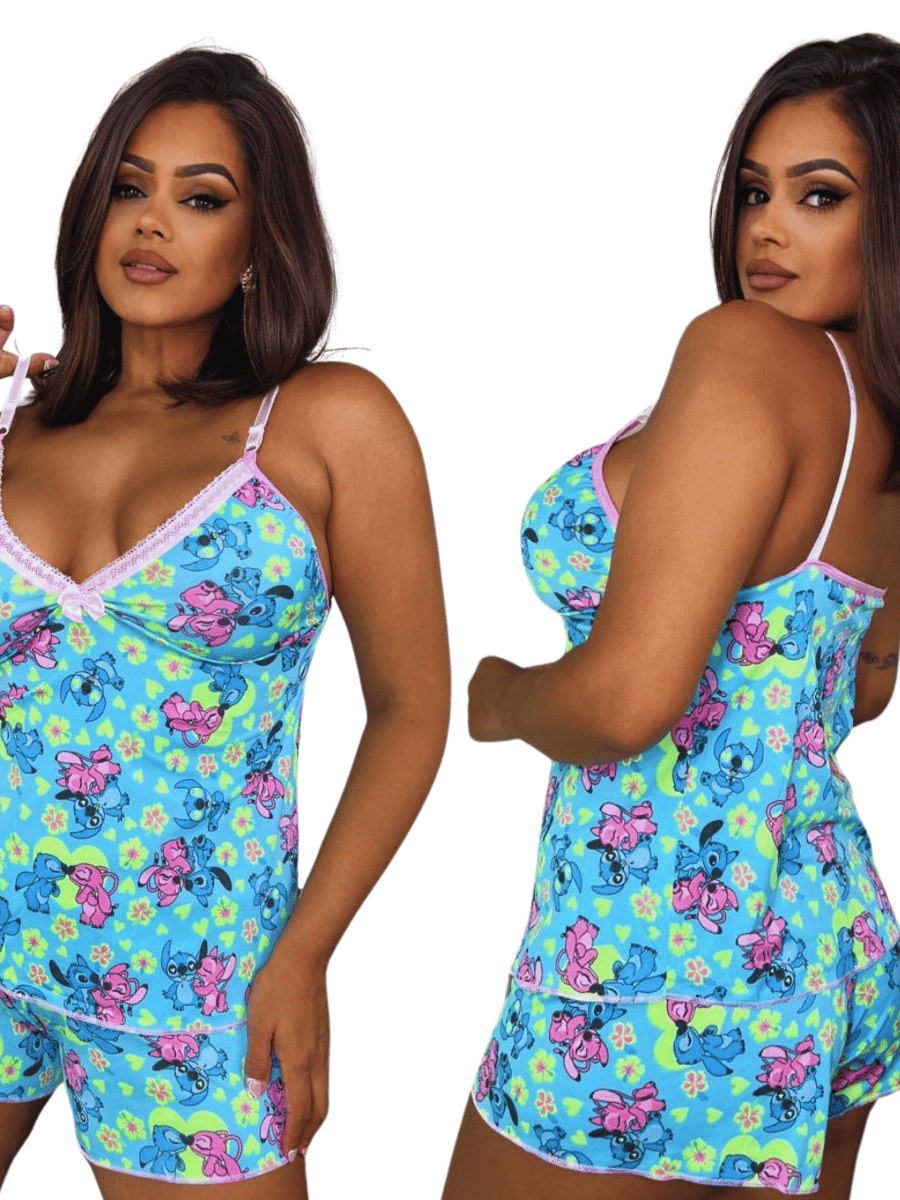 Pijama Baby Doll Short Feminino Lupo Personagem Stich Mickey