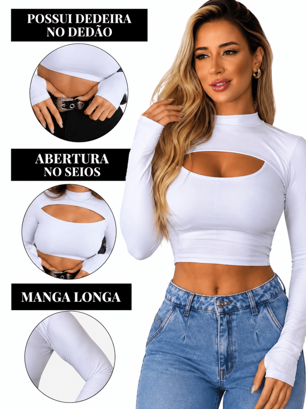 Cropped Feminino Manga Longa Abertura Frontal Suplex Premium