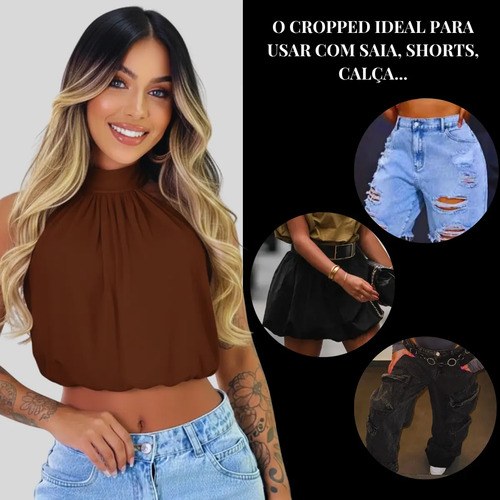 Cropped Balonê Feminino Soltinho Confortável Estiloso Marrom