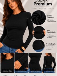 Blusa Feminina Basico Manga Longa Segunda Pele Gola Redonda