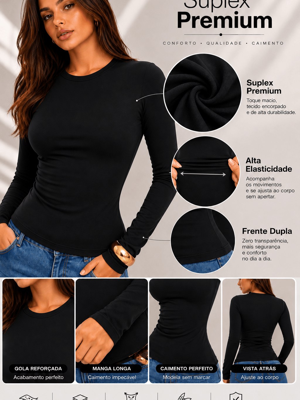 Blusa Feminina Basico Manga Longa Segunda Pele Gola Redonda