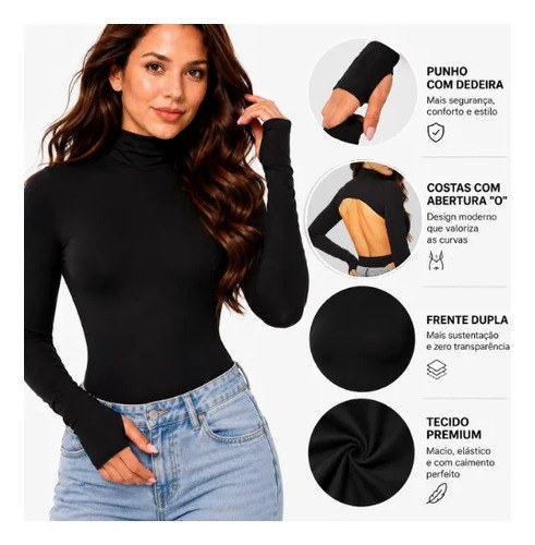Body Feminino Manga Longa Gola Alta Costa Aberta Premium