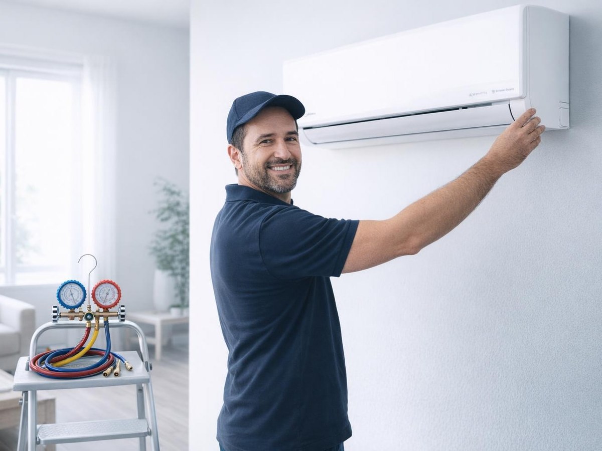 Técnico instalando um ar-condicionado split